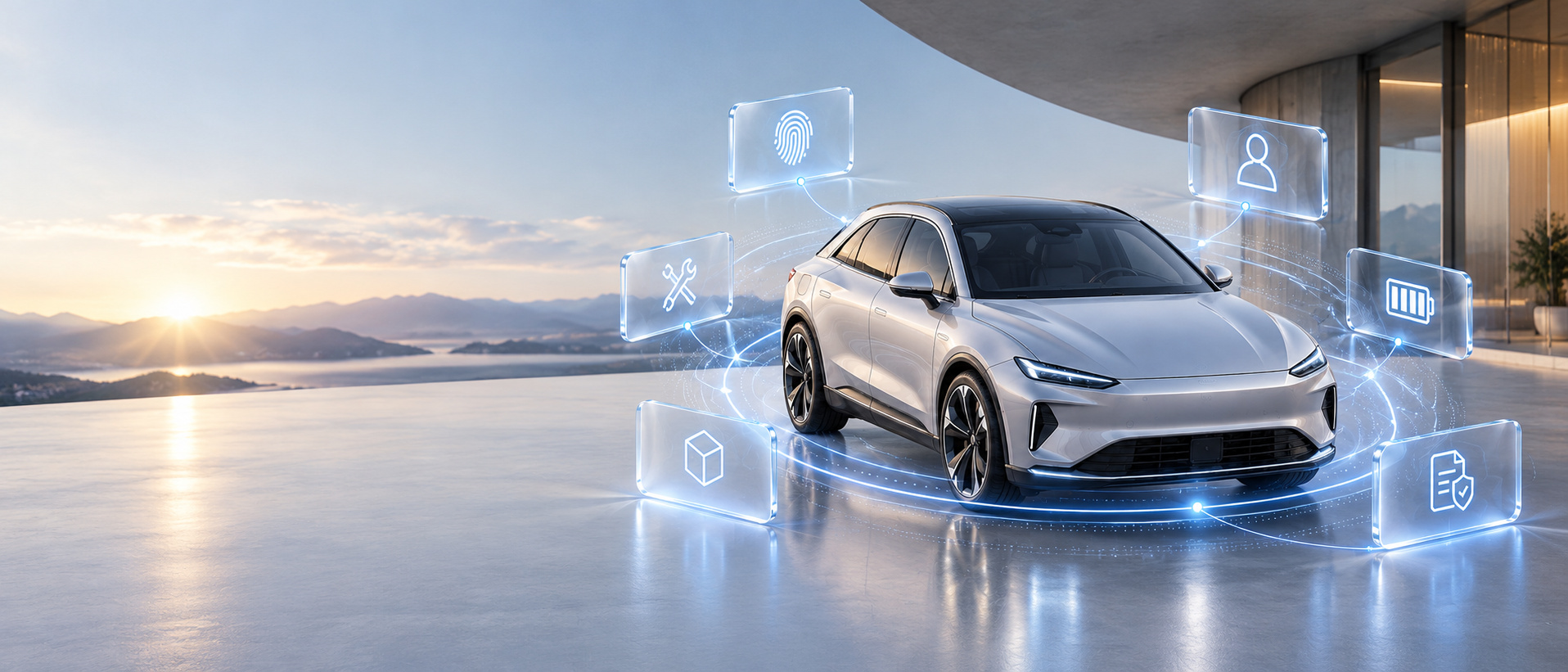 Premium electric vehicle surrounded by connected digital identity, ownership, maintenance, battery, provenance and compliance signals